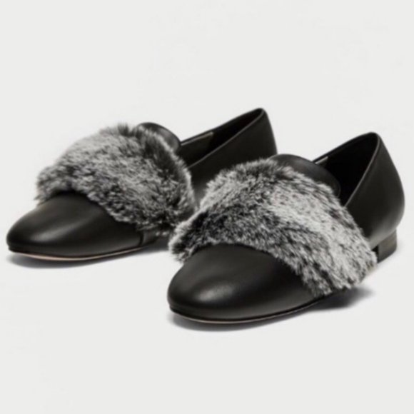 Zara Shoes - ZARA Black Flats With Faux-Fur Trim